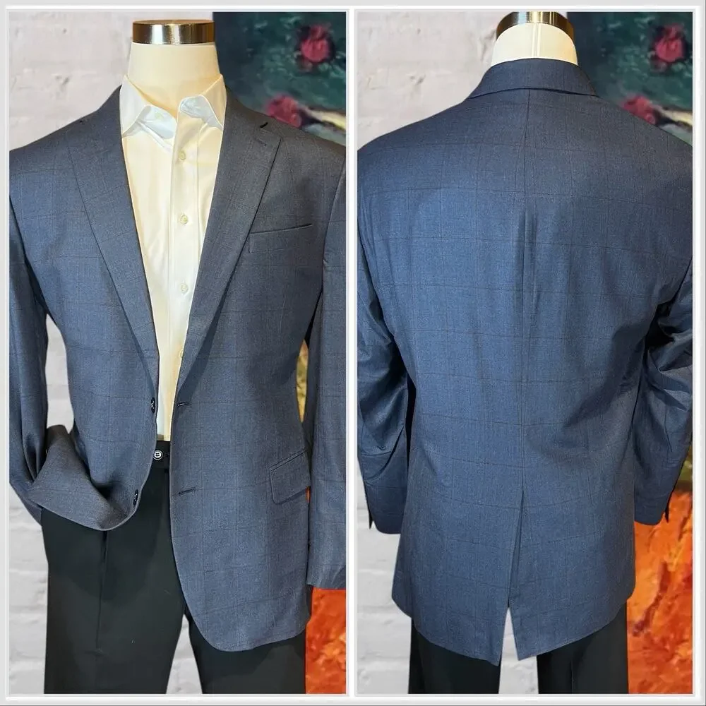 Jos A Bank Signature Collection Blazer 44L Blue Plaid Wool Sport Coat Jacket